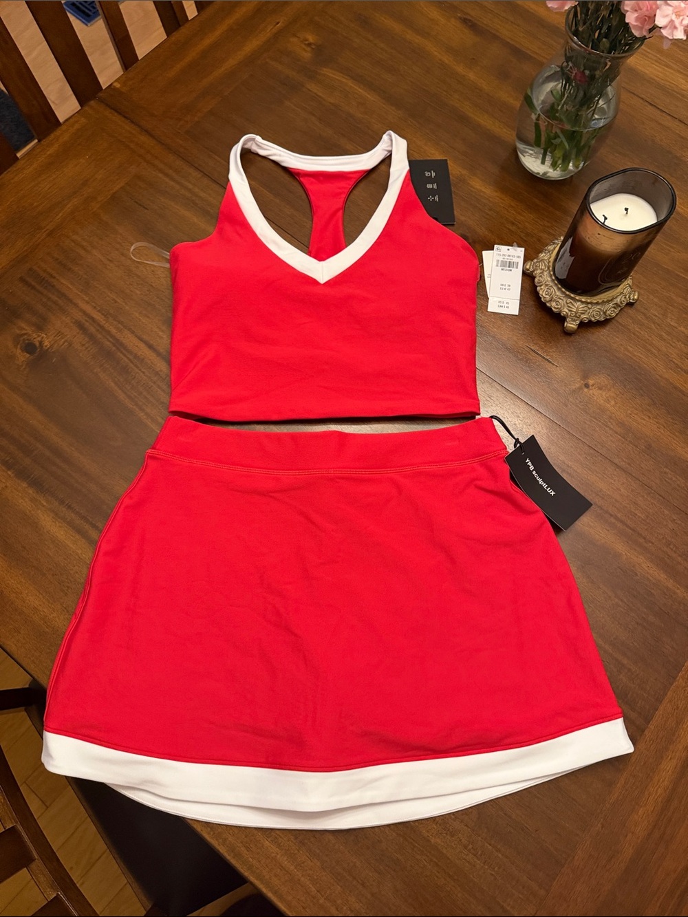Red V-Neck Crop Tank & Skirt Set with White Trim